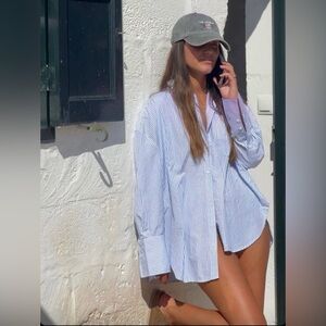 Vintage light blue striped button up shirt cover up L